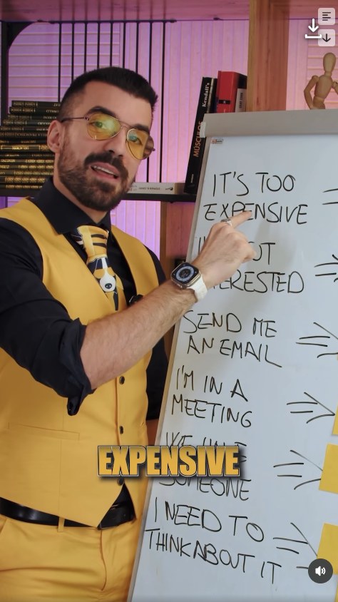 Giulio Segantini filming a whiteboard breakdown of sales objections